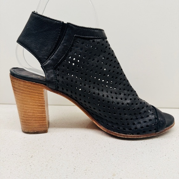 Mimosa Black Genuine Soft Leather Shoes Peep Toe Stacked Heel Sandals Sz 37 - Picture 8 of 15